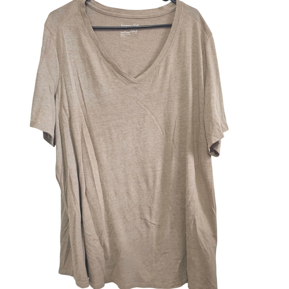 Terra & Sky Womens Plus 3X 24W-26W V-Neck Sleeve T-Shirt Heathered Tan Brown